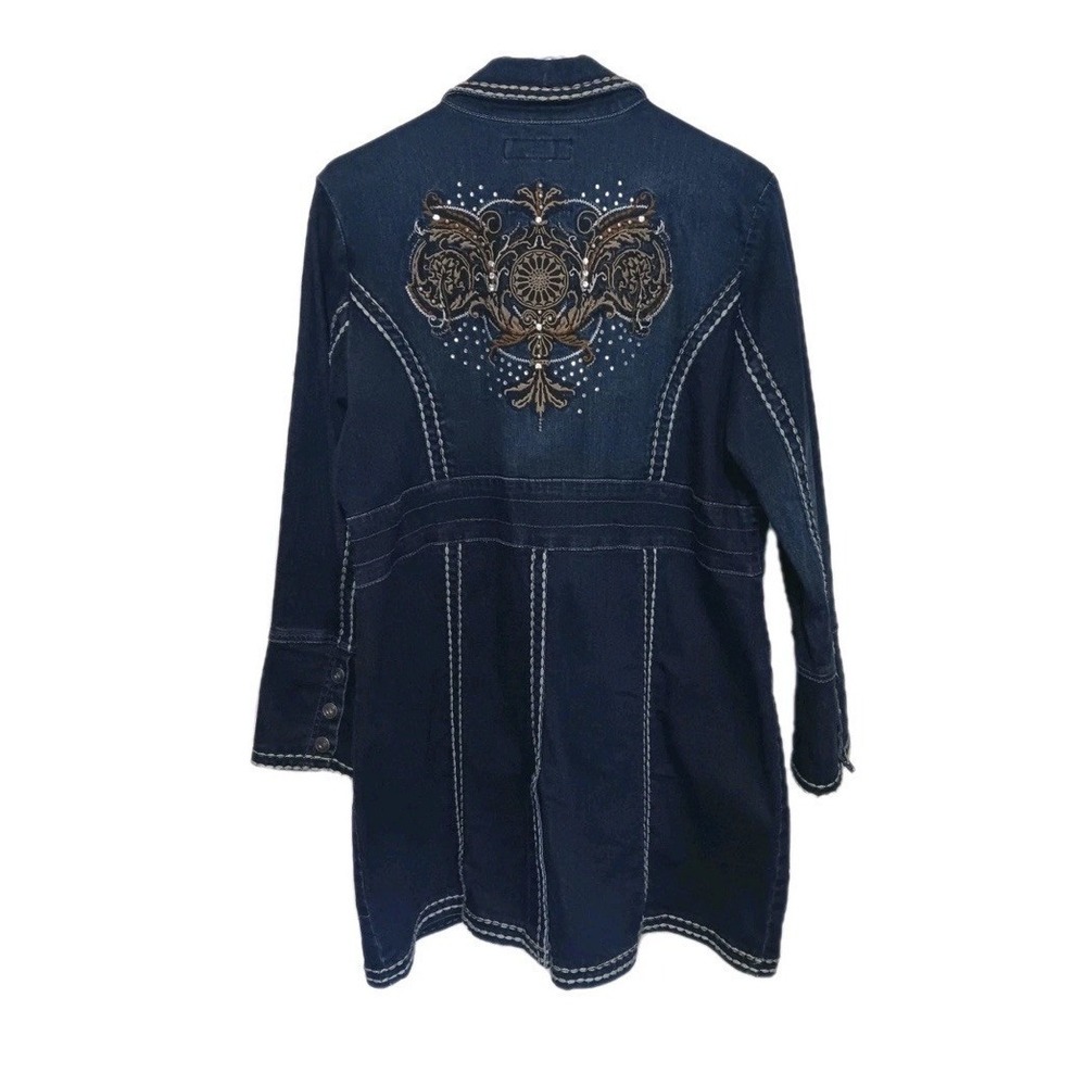 Vintage Y2K Midnight Velvet Embellished Rhinestone Long Denim Jacket Blue 3XL